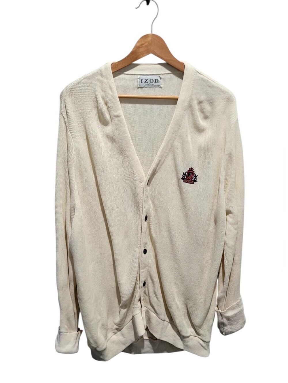 Vintage IZOD Cream Cardigan Sweater USA Made Button Front Size L